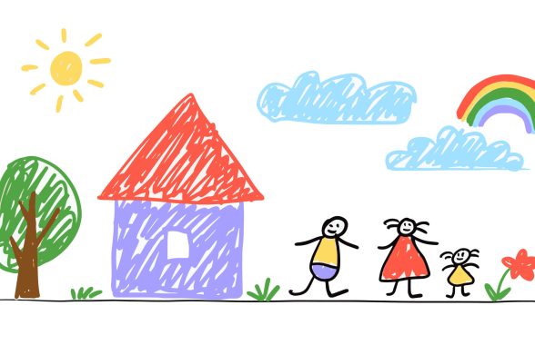 Father Mother Daughter Playing Together. Happy Family Outdoors. Rainbow Sun House Clouds Tree Flower. Vector Flat Color Pencil Drawing Style Isolated on White Background